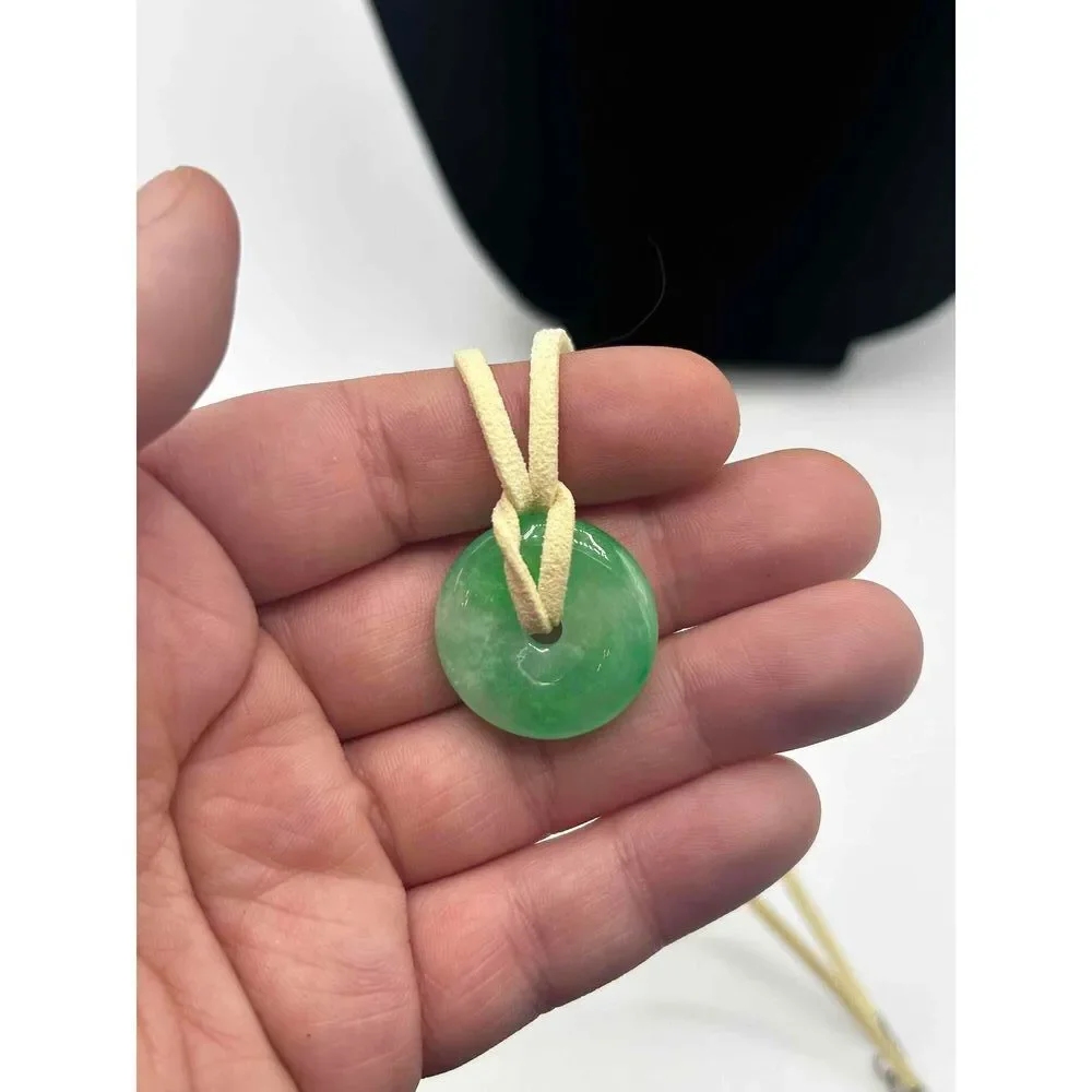 Green Jade Disc Pendant Necklace Unisex Beige Cord